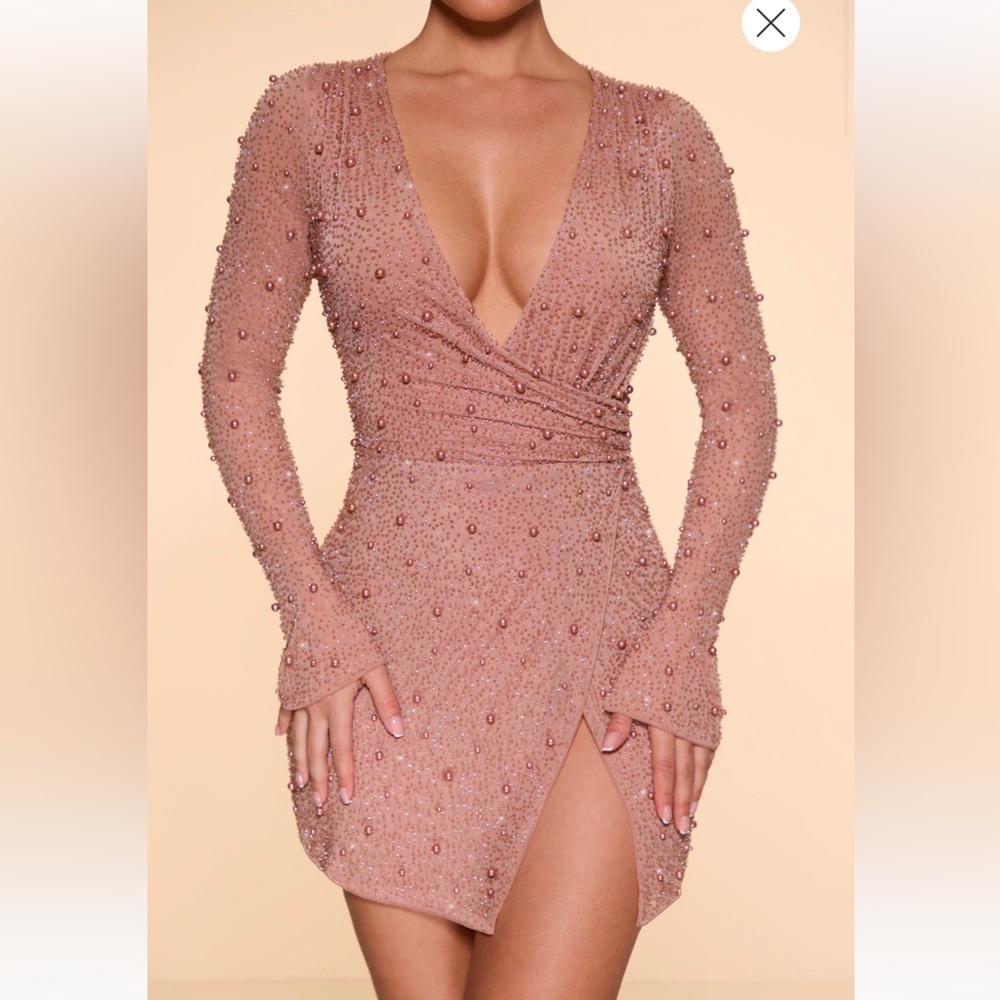 Embellished Wrap Over A-Line Mini Dress in Beige